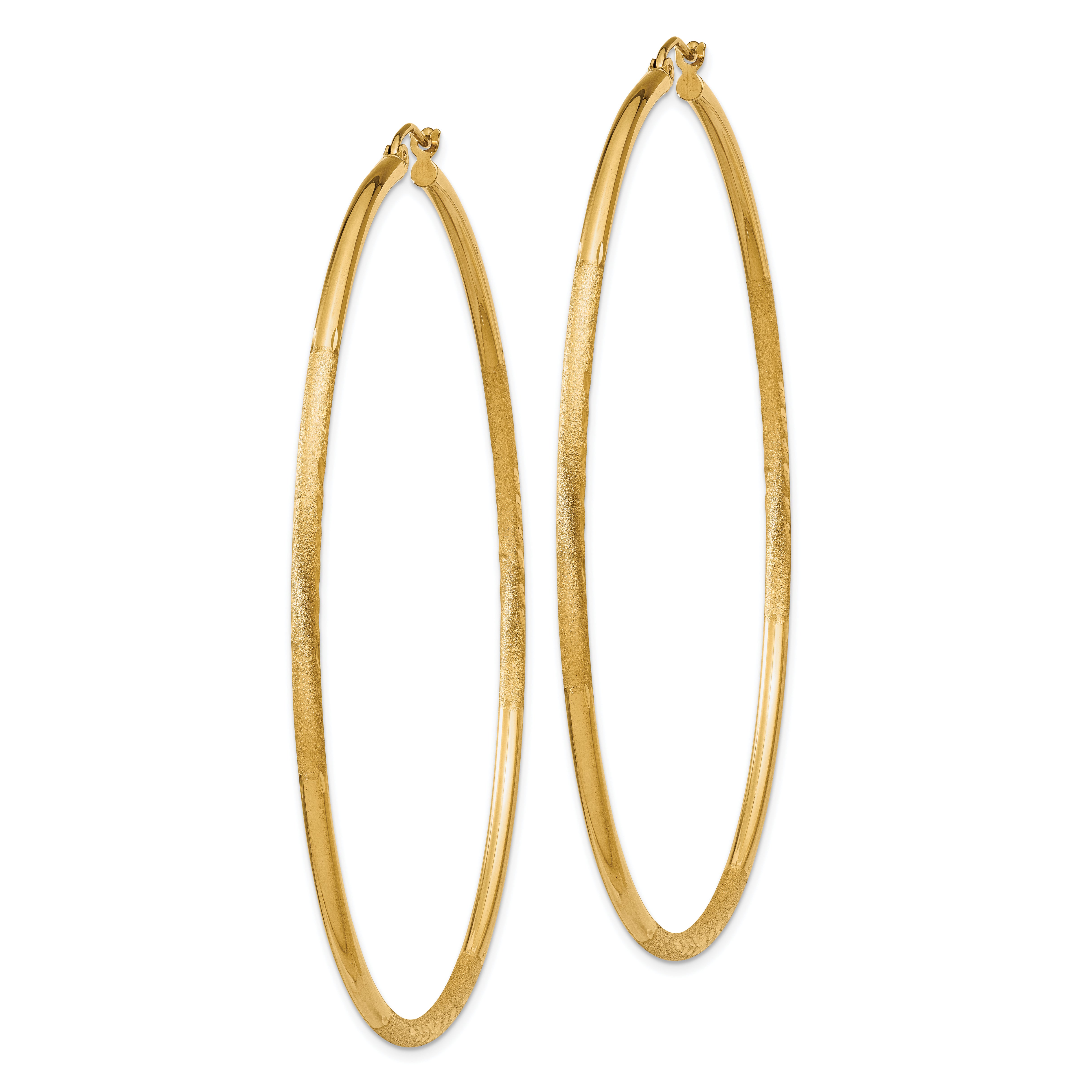 10K Yellow Gold Satin And Diamond-Cut 2mm Round Tube Hoop Earrings