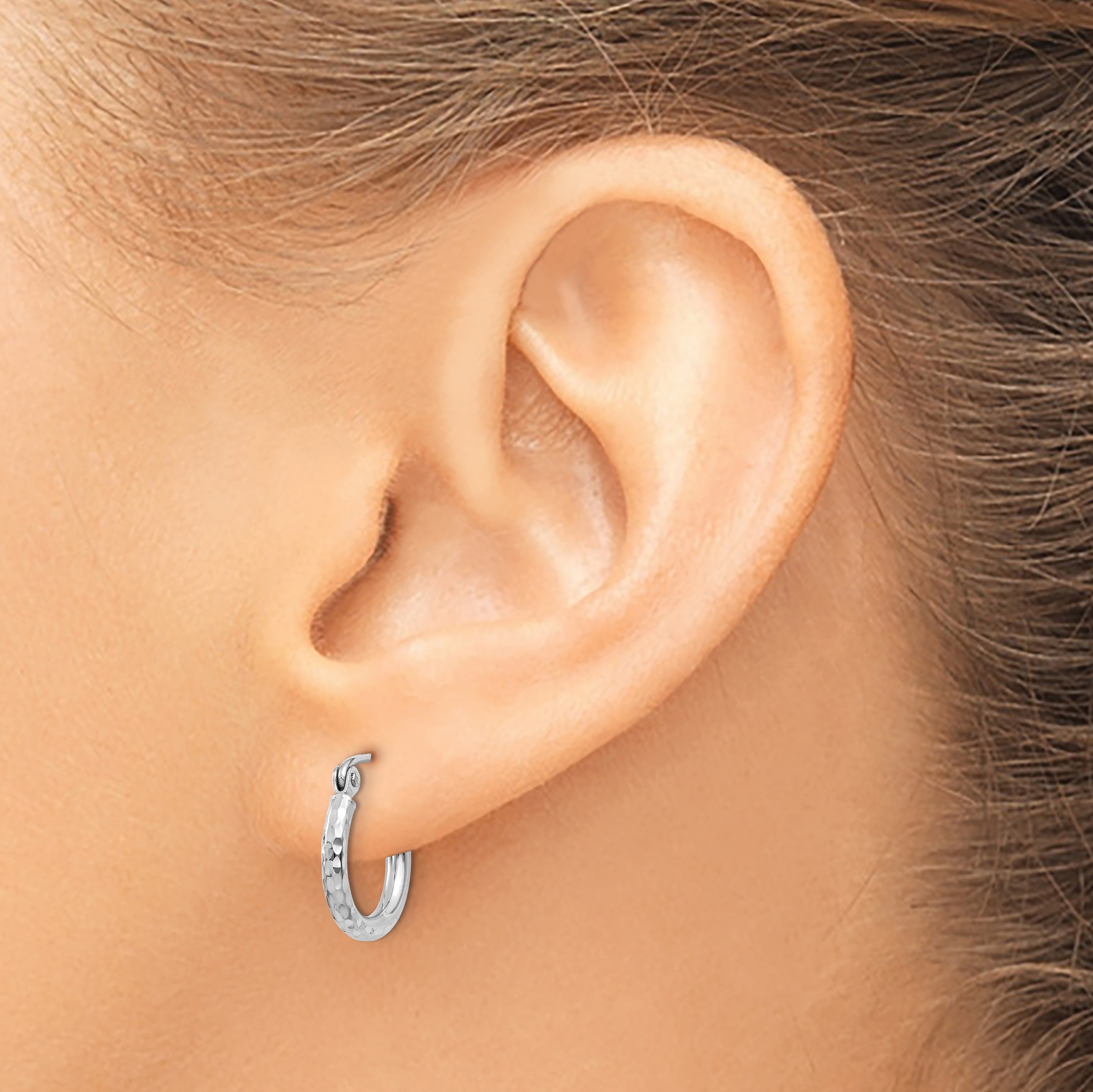 10K White Gold Diamond-Cut 2mm Round Tube Hoop Earrings