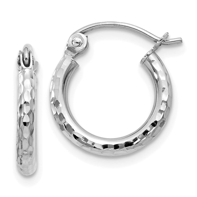 10K White Gold Diamond-Cut 2mm Round Tube Hoop Earrings