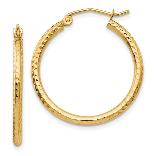 10K Yellow Gold Diamond-Cut 2mm Round Tube Hoop Earrings