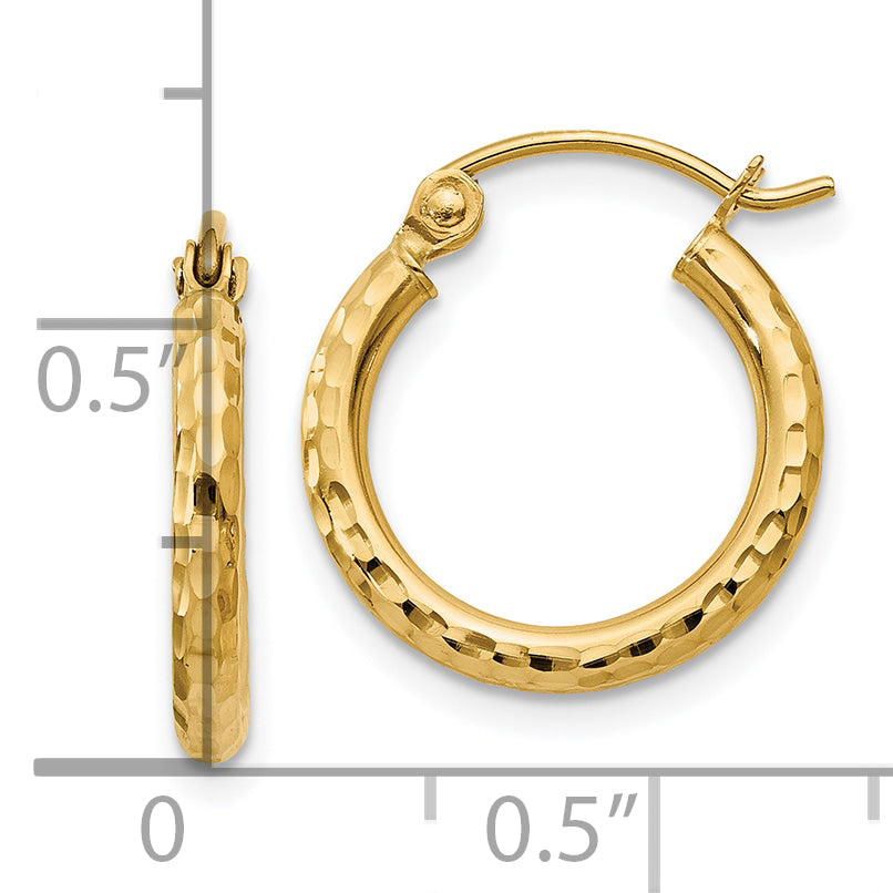 10K Yellow Gold Diamond-Cut 2mm Round Tube Hoop Earrings