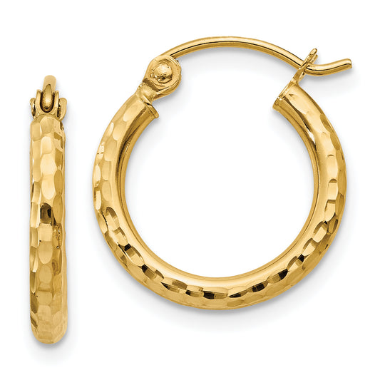 10K Yellow Gold Diamond-Cut 2mm Round Tube Hoop Earrings