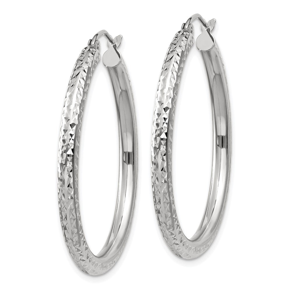 10K White Gold Diamond-Cut 3mm Round Hoop Earrings