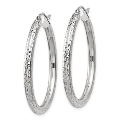 10K White Gold Diamond-Cut 3mm Round Hoop Earrings