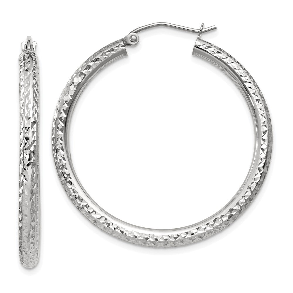 10K White Gold Diamond-Cut 3mm Round Hoop Earrings