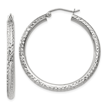 10K White Gold Diamond-Cut 3mm Round Hoop Earrings