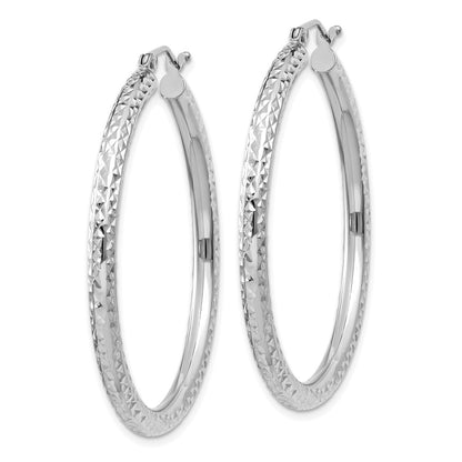 10K White Gold Diamond-Cut 3mm Round Hoop Earrings