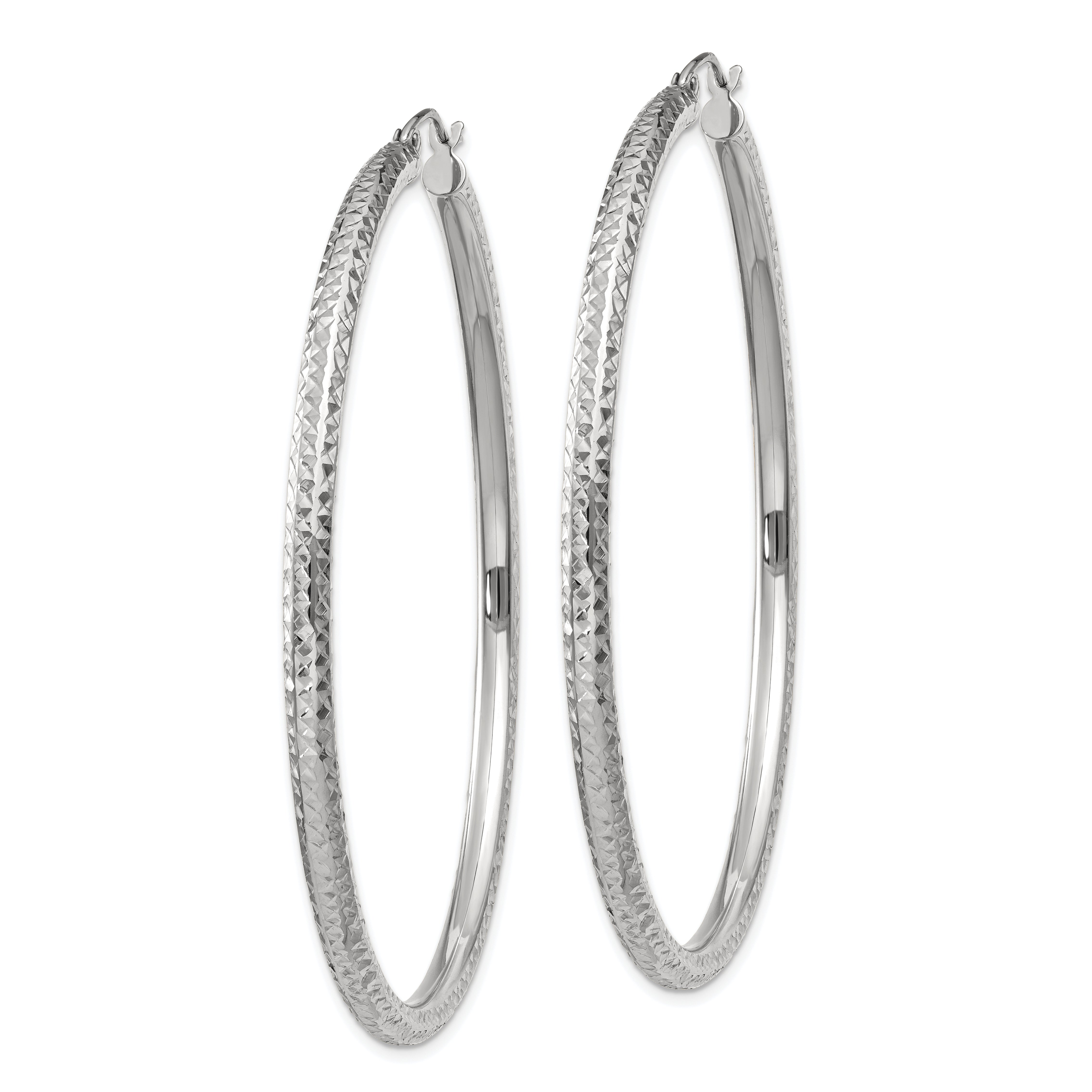 10K White Gold Diamond-Cut 3mm Round Hoop Earrings