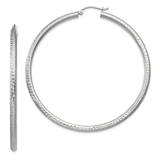 10K White Gold Diamond-Cut 3mm Round Hoop Earrings