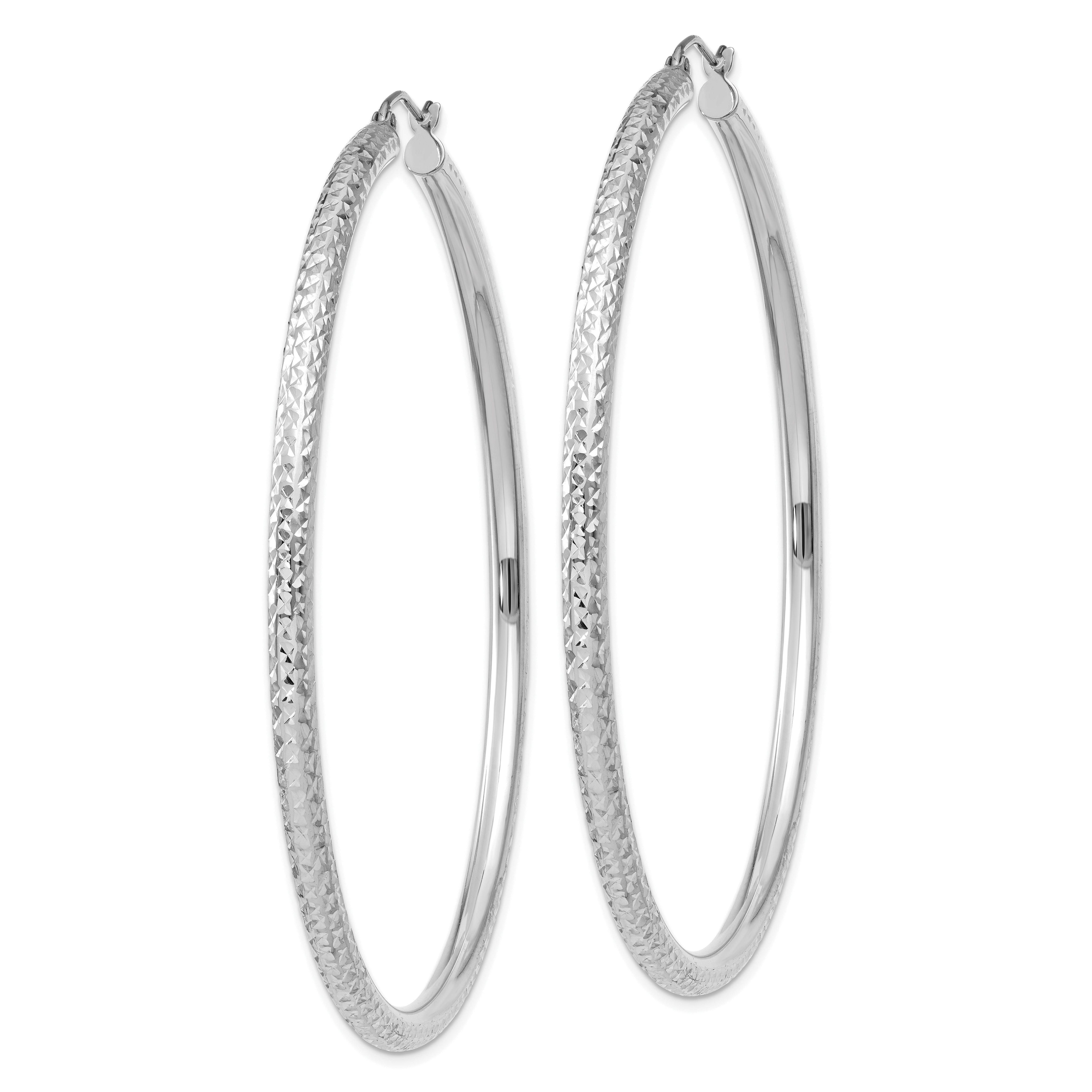 10K White Gold Diamond-Cut 3mm Round Hoop Earrings