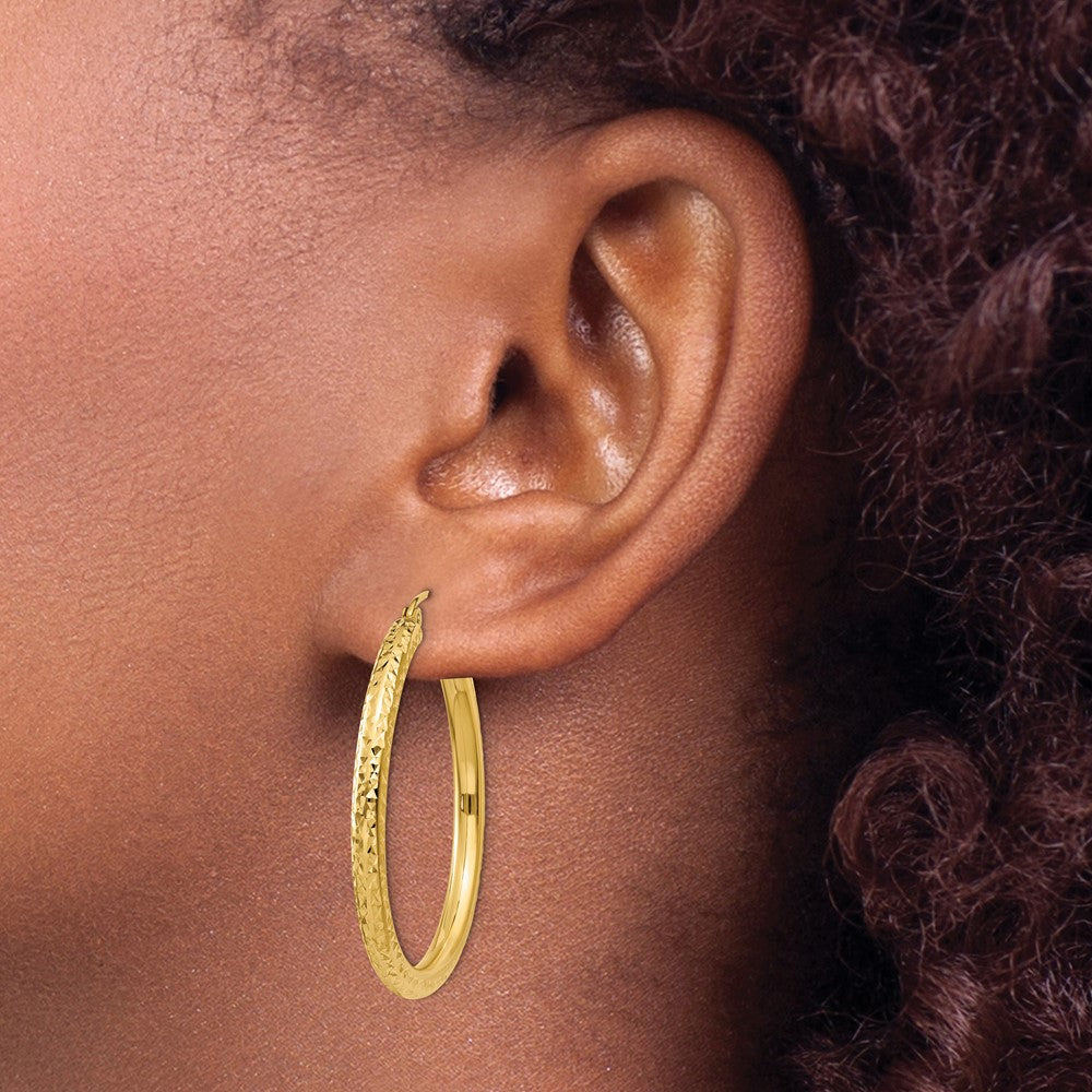 10K Yellow Gold Diamond-Cut 3mm Round Hoop Earrings