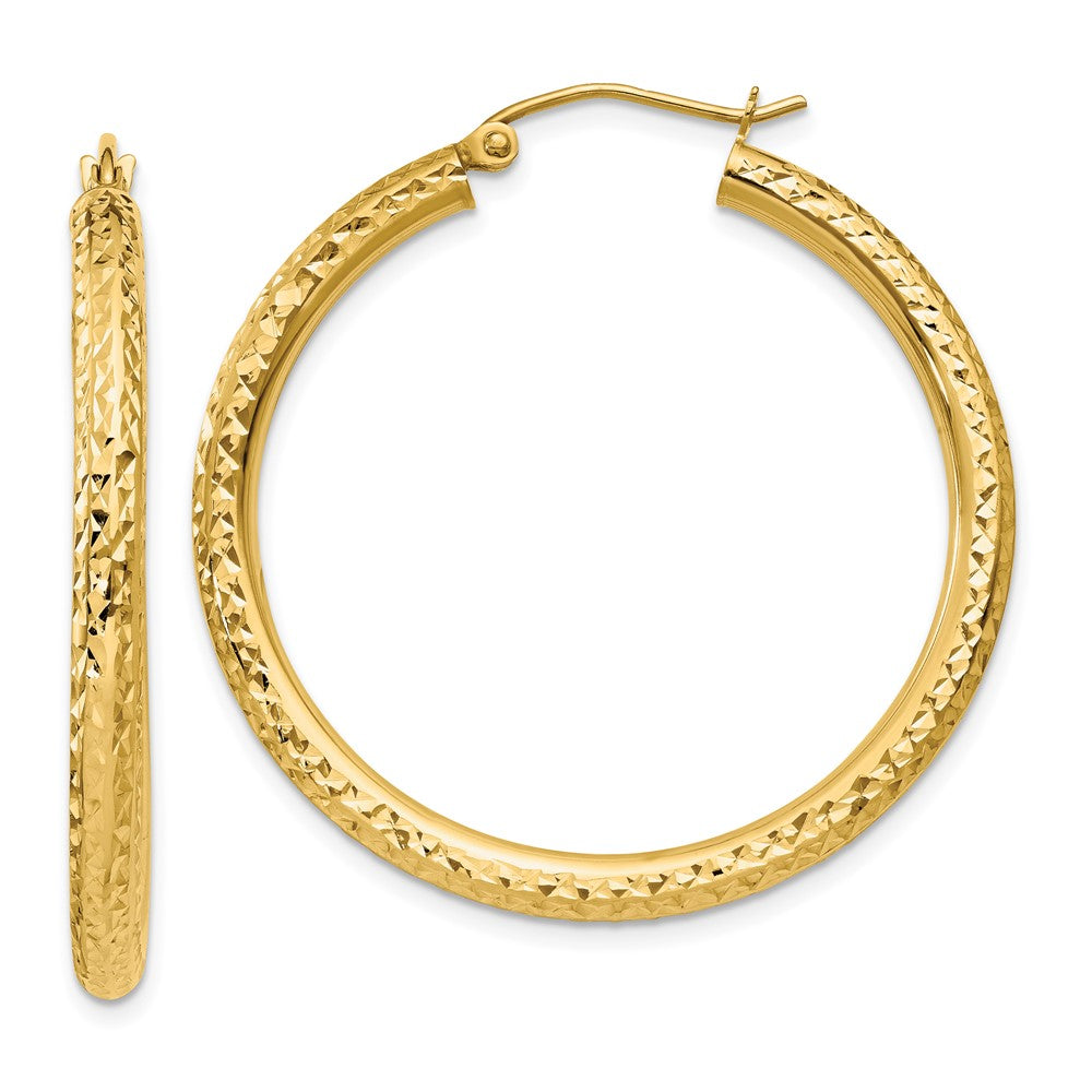 10K Yellow Gold Diamond-Cut 3mm Round Hoop Earrings