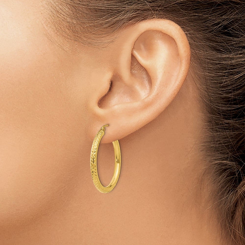 10K Yellow Gold Diamond-Cut 3mm Round Hoop Earrings