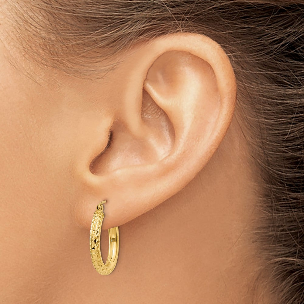 10K Yellow Gold Diamond-Cut 3mm Round Hoop Earrings