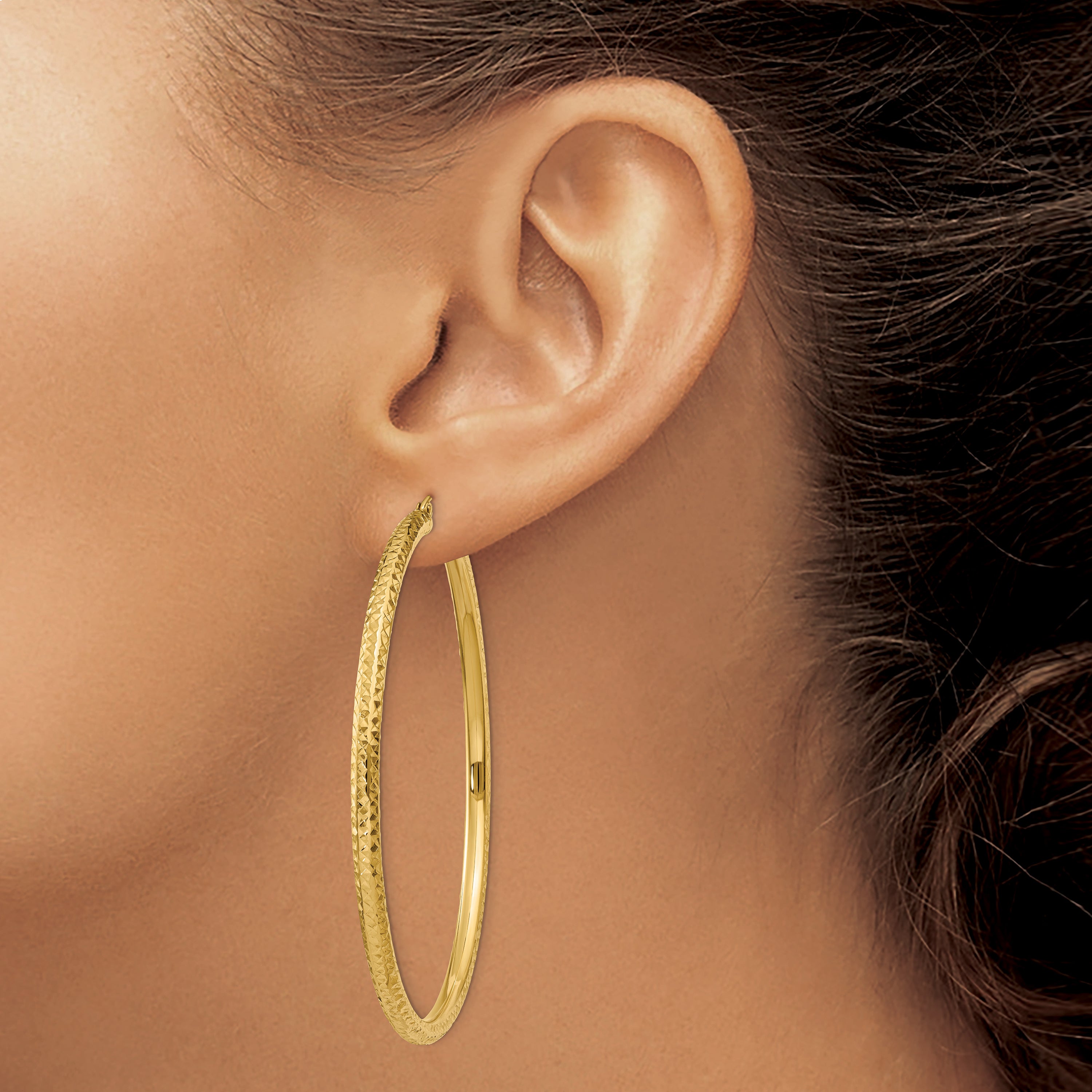 10K Yellow Gold Diamond-Cut 3mm Round Hoop Earrings