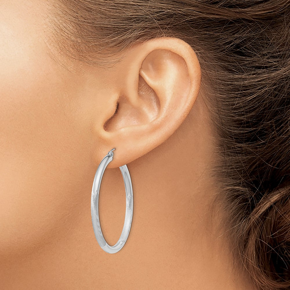 10K White Gold Satin & Diamond-Cut 3mm Round Hoop Earrings