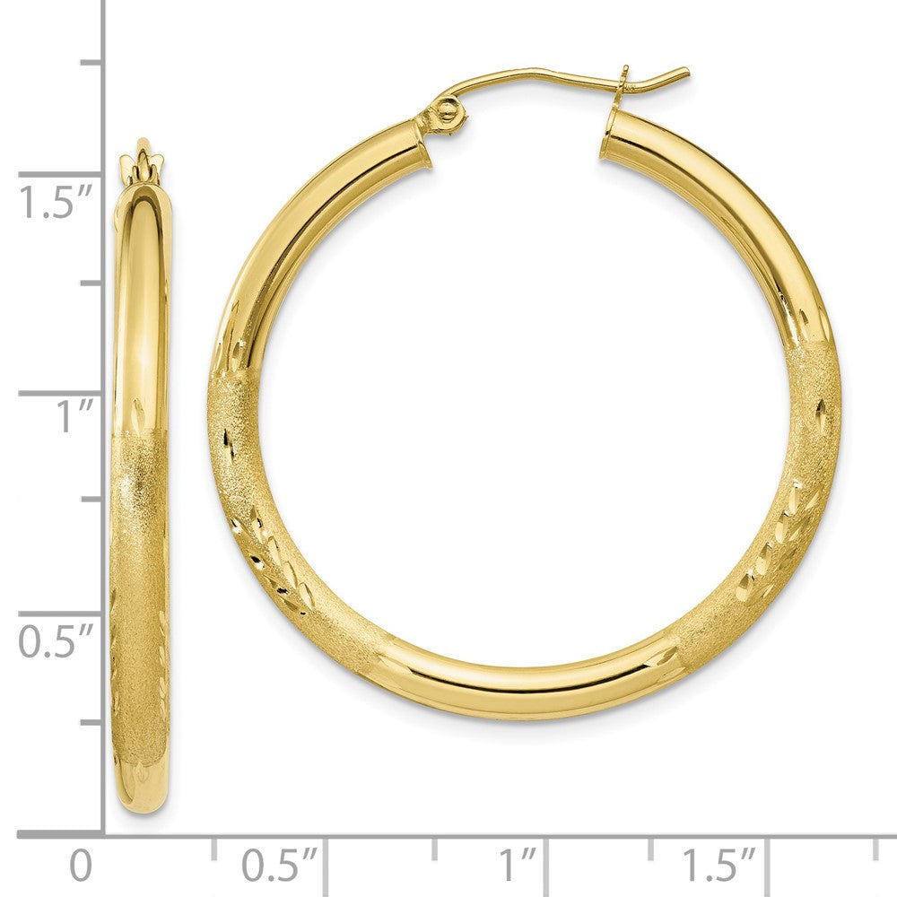 10K Yellow Gold Satin & Diamond-Cut 3mm Round Hoop Earrings