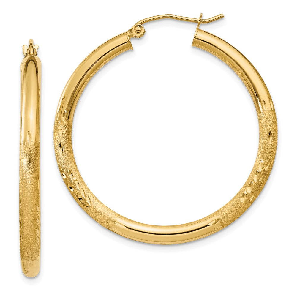 10K Yellow Gold Satin & Diamond-Cut 3mm Round Hoop Earrings