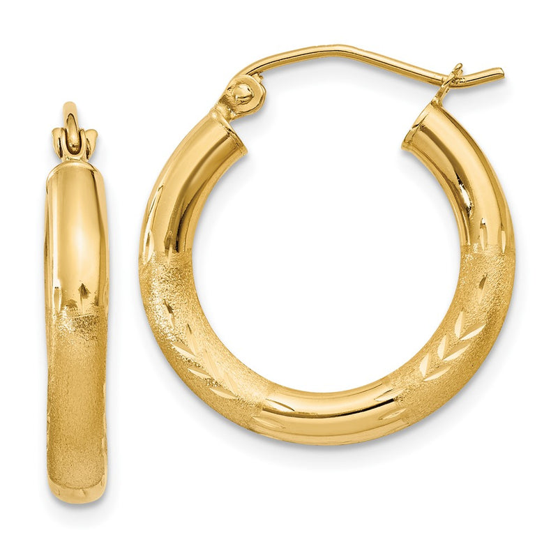 10K Yellow Gold Satin & Diamond-Cut 3mm Round Hoop Earrings