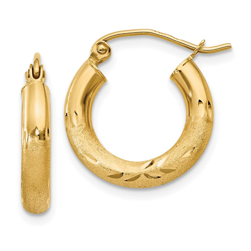10K Yellow Gold Satin & Diamond-Cut 3mm Round Hoop Earrings