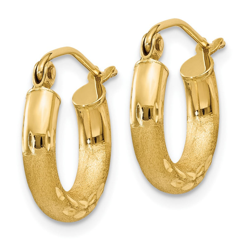 10K Yellow Gold Satin & Diamond-Cut 3mm Round Hoop Earrings
