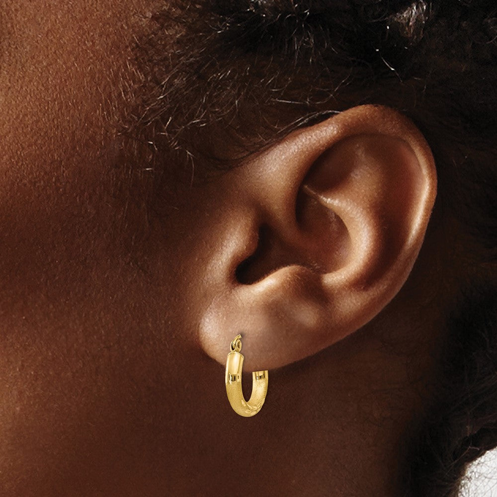 10K Yellow Gold Satin & Diamond-Cut 3mm Round Hoop Earrings