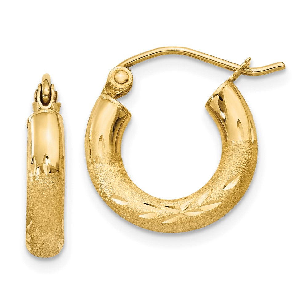 10K Yellow Gold Satin & Diamond-Cut 3mm Round Hoop Earrings
