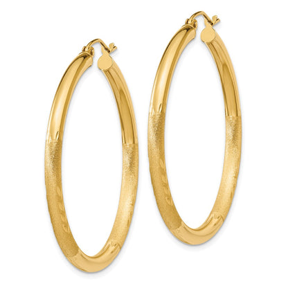 10K Yellow Gold Satin & Diamond-Cut 3mm Round Hoop Earrings