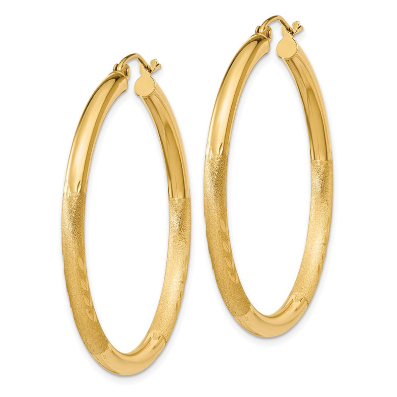 10K Yellow Gold Satin & Diamond-Cut 3mm Round Hoop Earrings