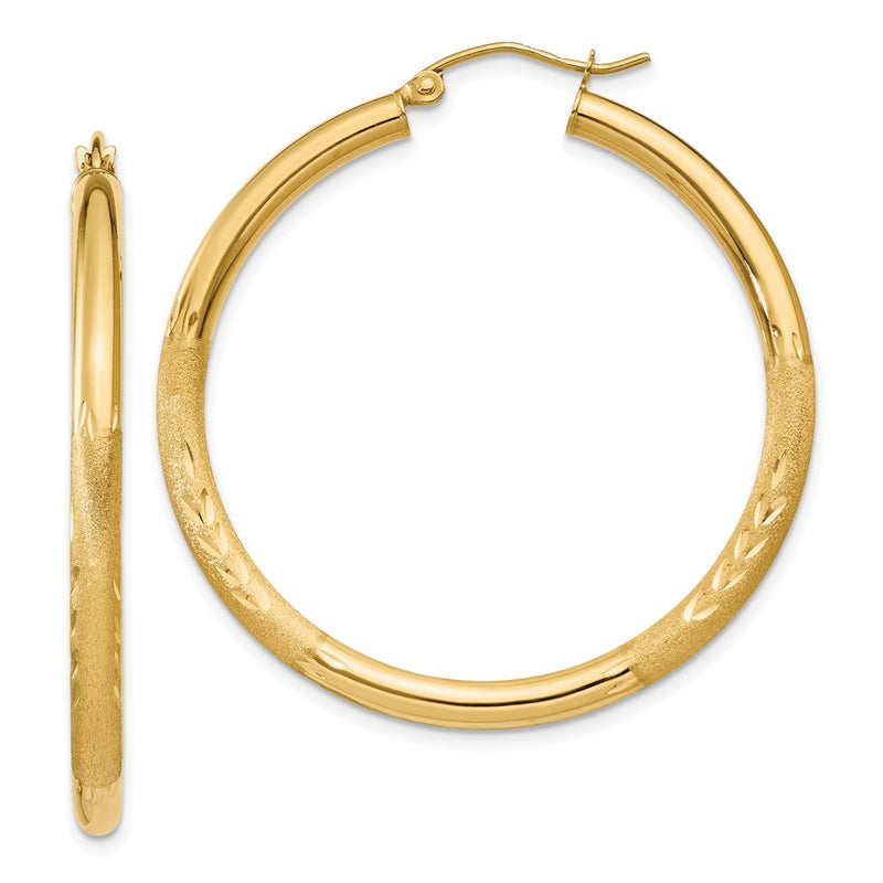 10K Yellow Gold Satin & Diamond-Cut 3mm Round Hoop Earrings