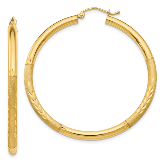 10K Yellow Gold Satin & Diamond-Cut 3mm Round Hoop Earrings