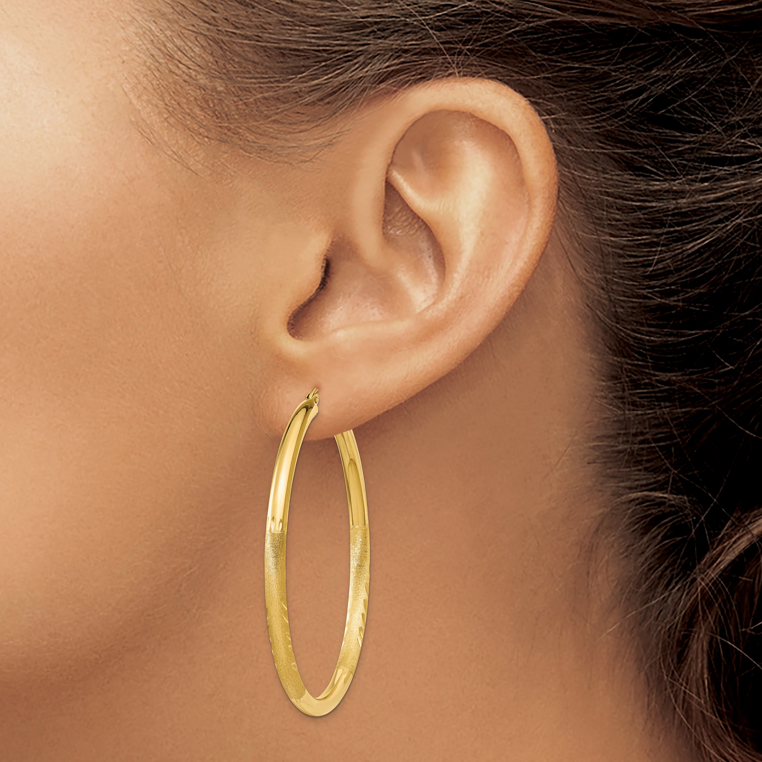 10K Yellow Gold Satin & Diamond-Cut 3mm Round Hoop Earrings