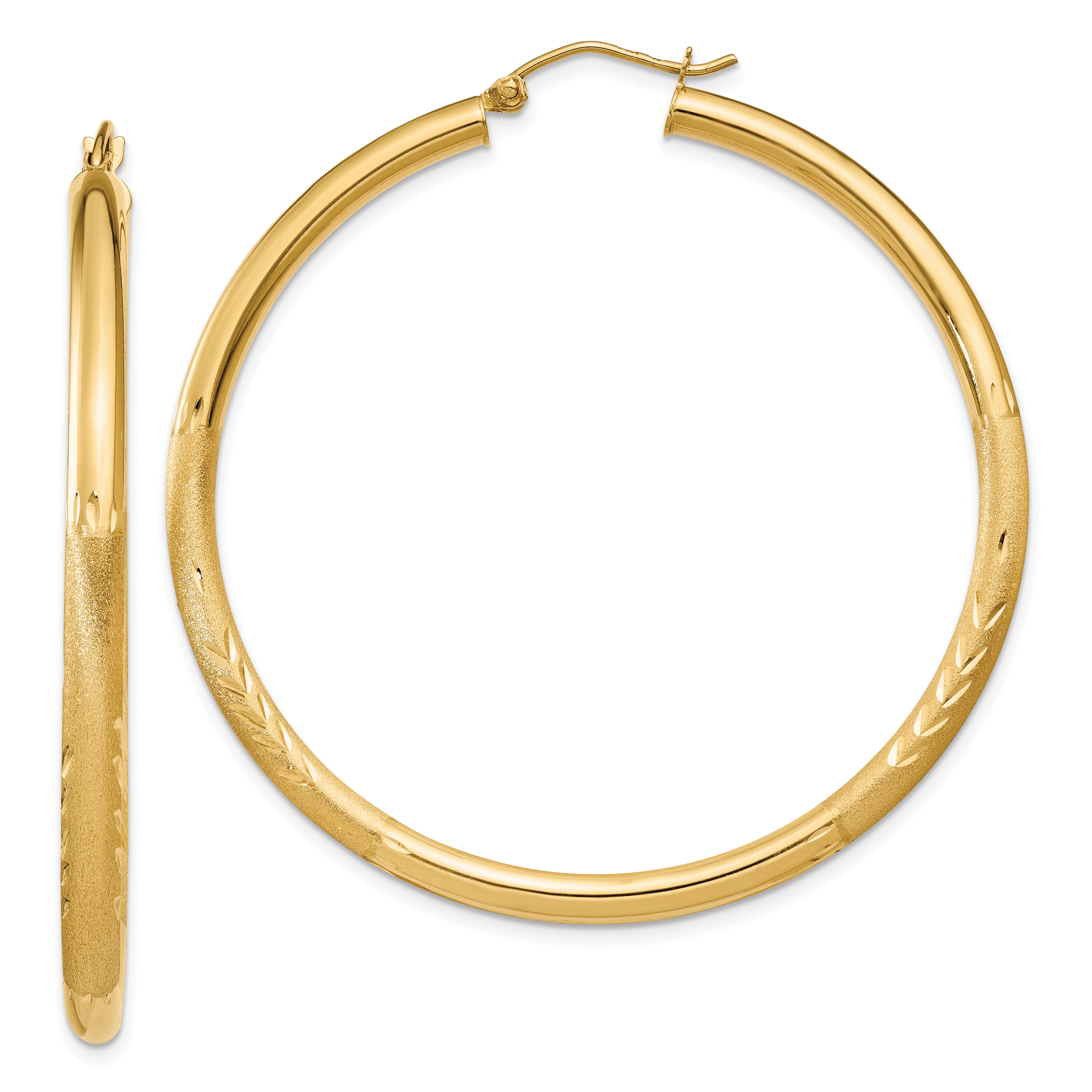 10K Yellow Gold Satin & Diamond-Cut 3mm Round Hoop Earrings