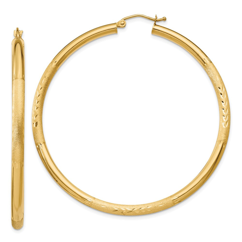 10K Yellow Gold Satin & Diamond-Cut 3mm Round Hoop Earrings