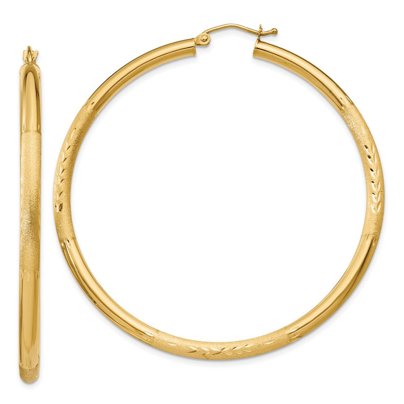 10K Yellow Gold Satin & Diamond-Cut 3mm Round Hoop Earrings