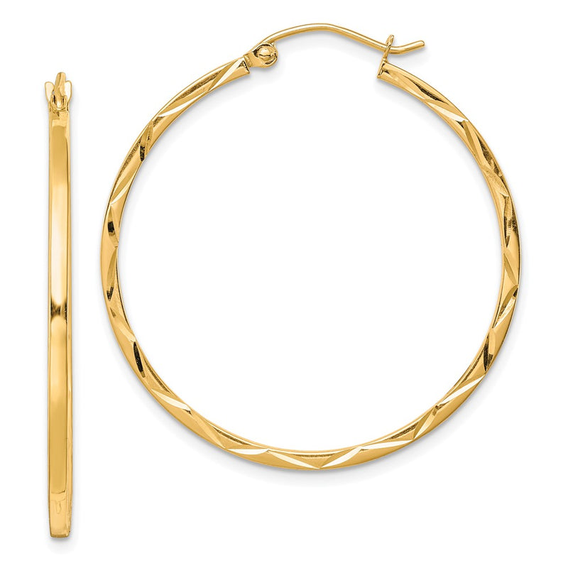 10K Yellow Gold 1.5X35mm Diamond Cut Hoop Earrings