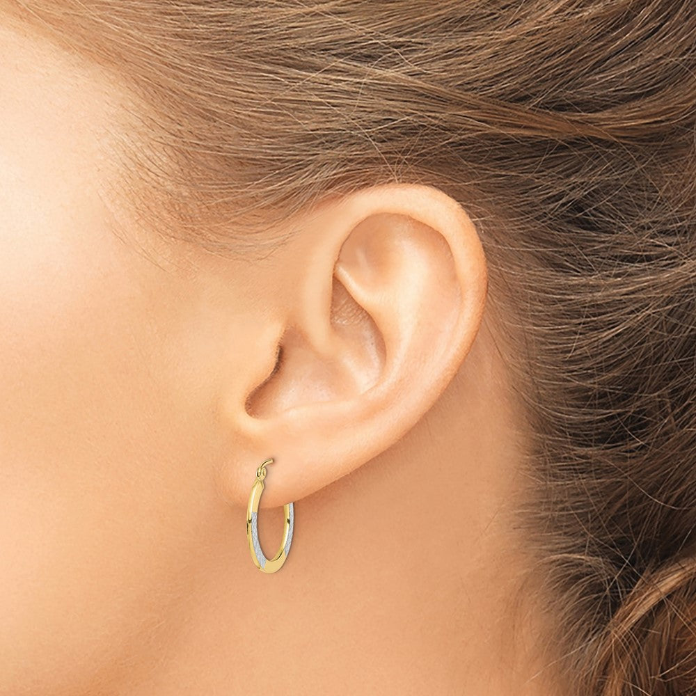 10K Yellow W/Rhodium & Rhodium Diamond Cut 2.5X20mm Hoop Earrings