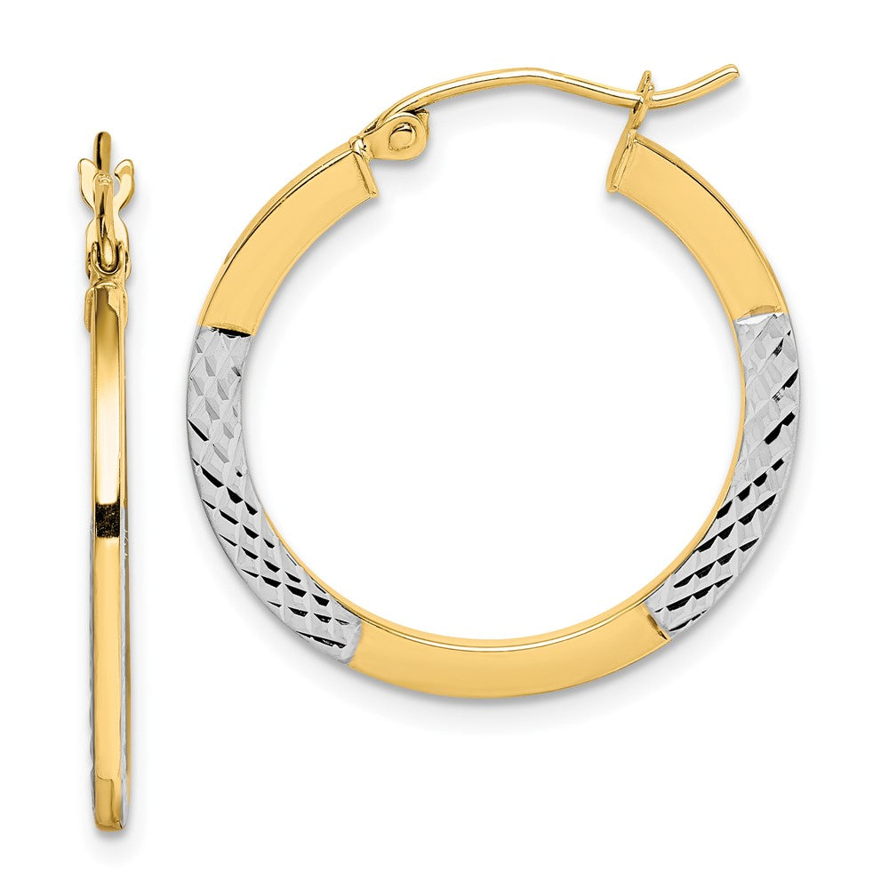 10K Yellow W/Rhodium & Rhodium Diamond Cut 2.5X20mm Hoop Earrings