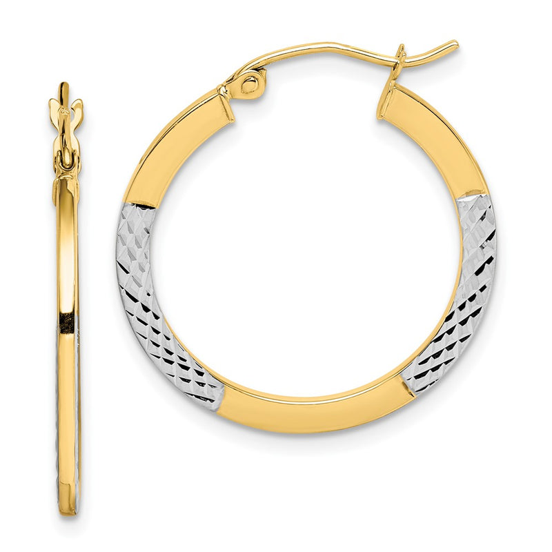 10K Yellow W/Rhodium & Rhodium Diamond Cut 2.5X20mm Hoop Earrings