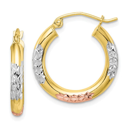 10K Yellow W/Rhodium White & Rose Rhodium D/C 3X20mm Hoop Earrings