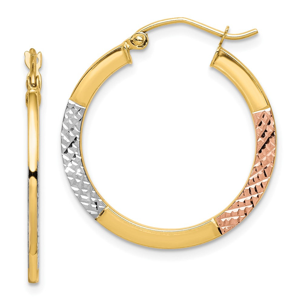 10K Yellow W/Rhodium White & Rose Rhodium D/C 2.5X25mm Hoop Earrings