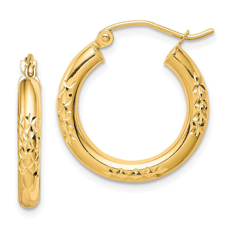 10K Yellow Gold Diamond Cut 3X20mm Hollow Tube Hoop Earrings