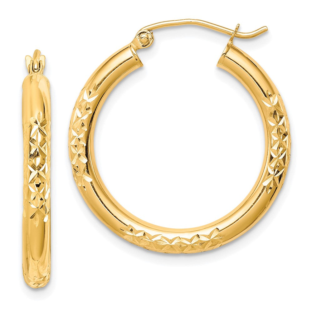 10K Yellow Gold Diamond Cut 3X25mm Hollow Tube Hoop Earrings