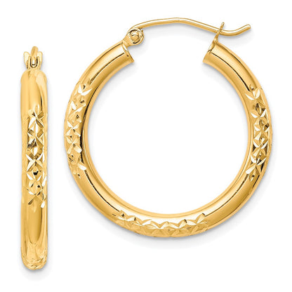 10K Yellow Gold Diamond Cut 3X25mm Hollow Tube Hoop Earrings