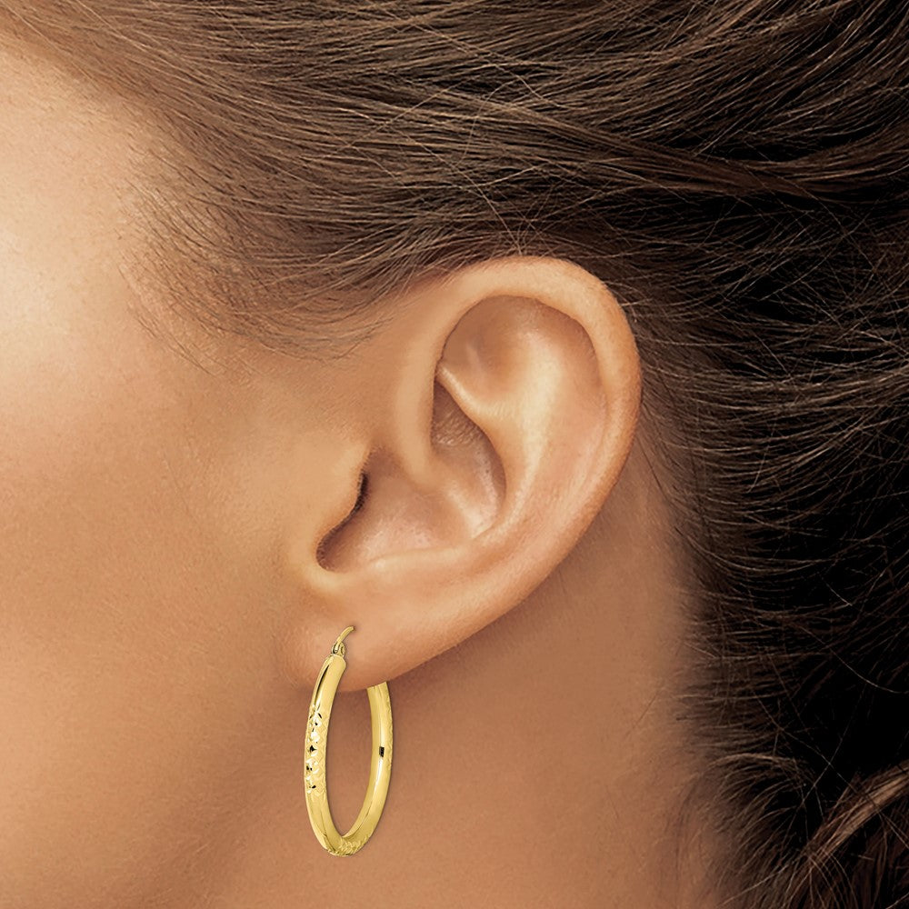 10K Yellow Gold Diamond Cut 3X30mm Hollow Tube Hoop Earrings