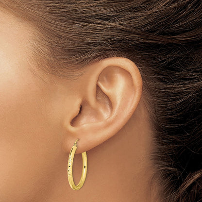 10K Yellow Gold Diamond Cut 3X30mm Hollow Tube Hoop Earrings