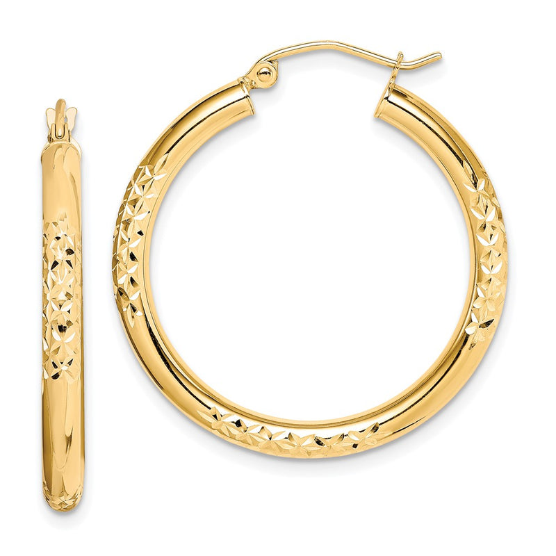 10K Yellow Gold Diamond Cut 3X30mm Hollow Tube Hoop Earrings
