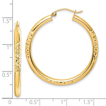 10K Yellow Gold Diamond Cut 3X35mm Hollow Tube Hoop Earrings