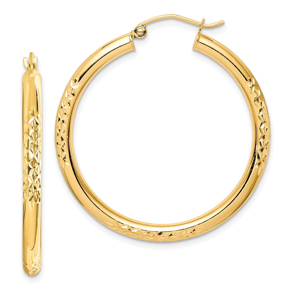 10K Yellow Gold Diamond Cut 3X35mm Hollow Tube Hoop Earrings