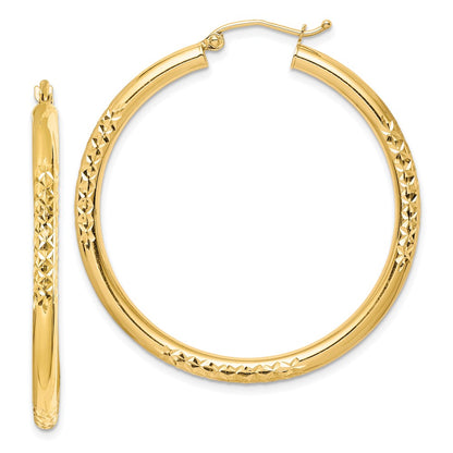 10K Yellow Gold Diamond Cut 3X40mm Hollow Tube Hoop Earrings